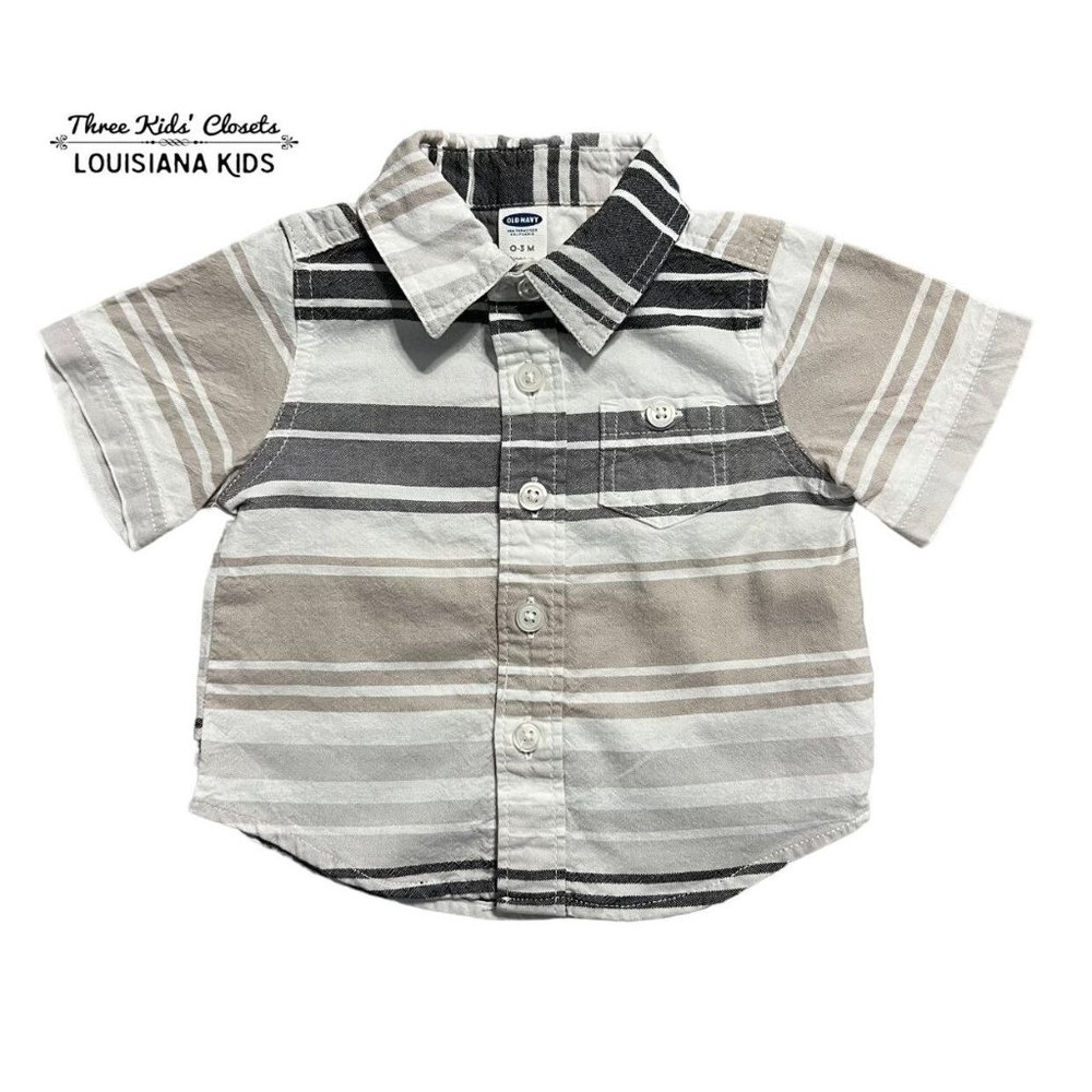 Old Navy 0-3m Grey & Tan Striped Button Down Shirt